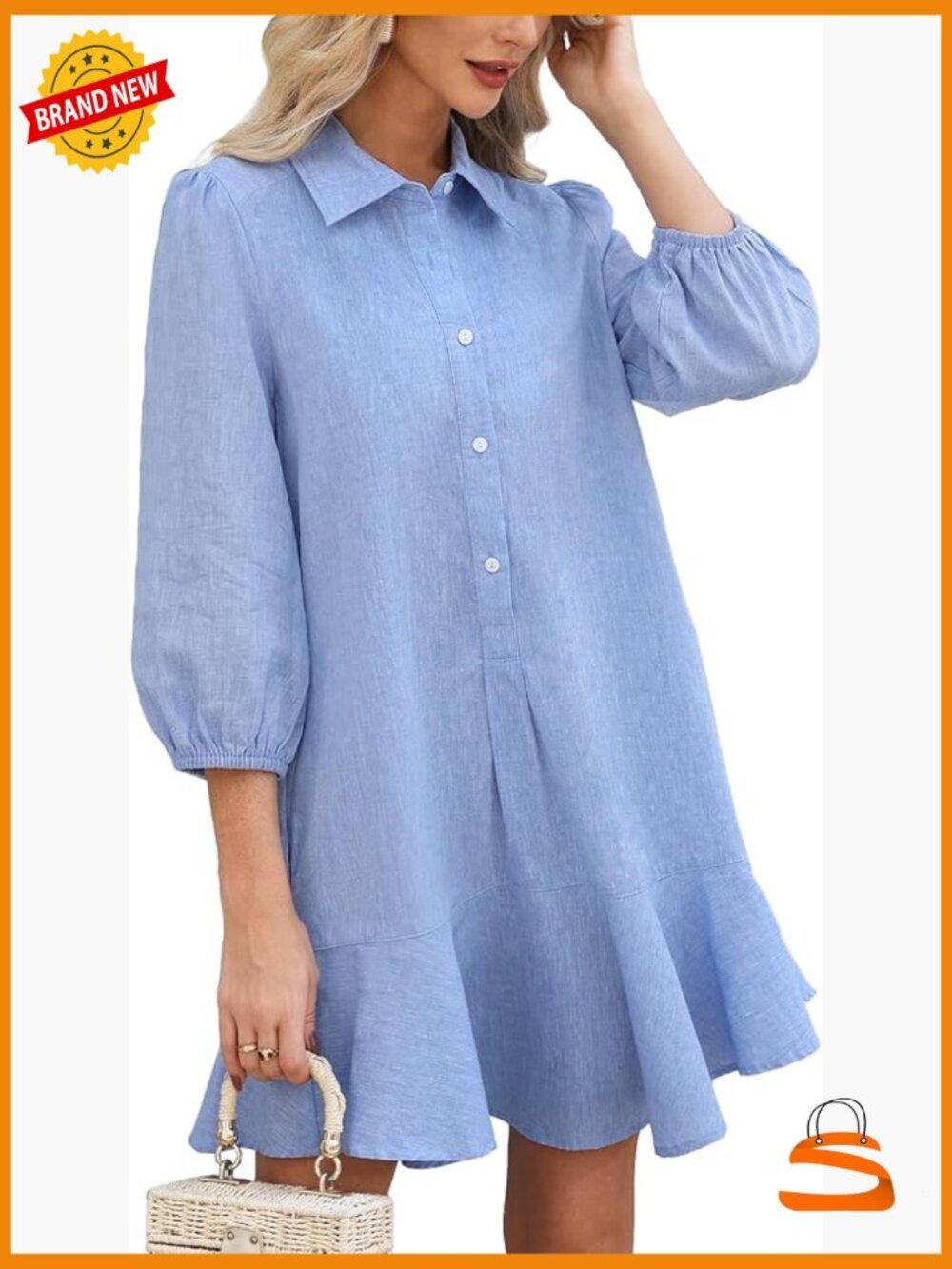 Women's Casual Button Down Dress with 3/4 Puff Sleeves